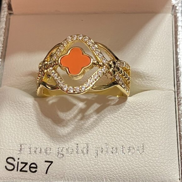 Stella Rose Fine Gold Plated Ring Size 7 Coral Clover Motif and CZ Accents - Picture 4 of 9